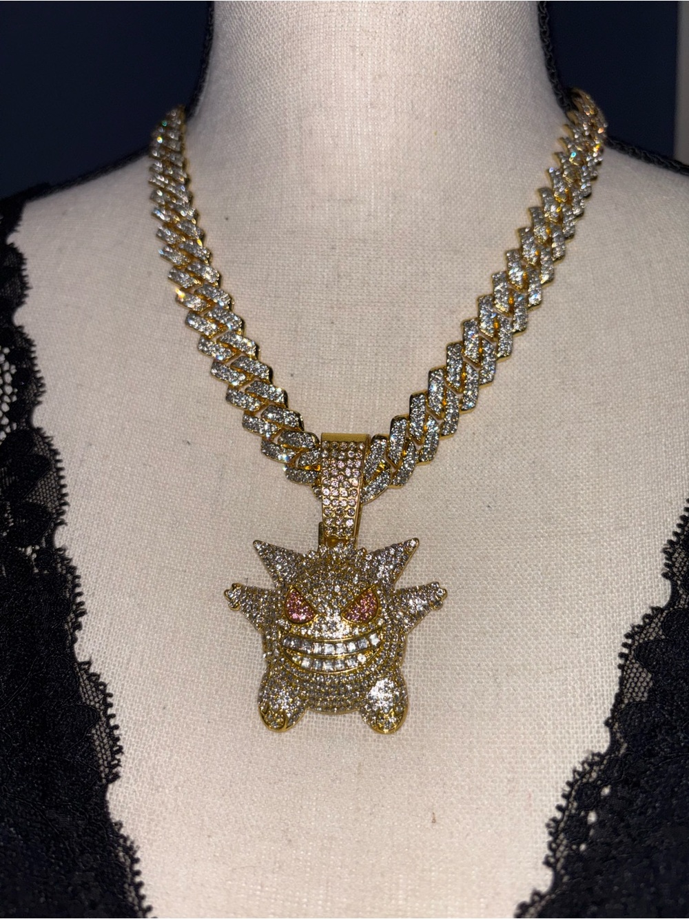 Gold-Tone GENGAR Pokemon Pendant and Cuban Chain Necklace